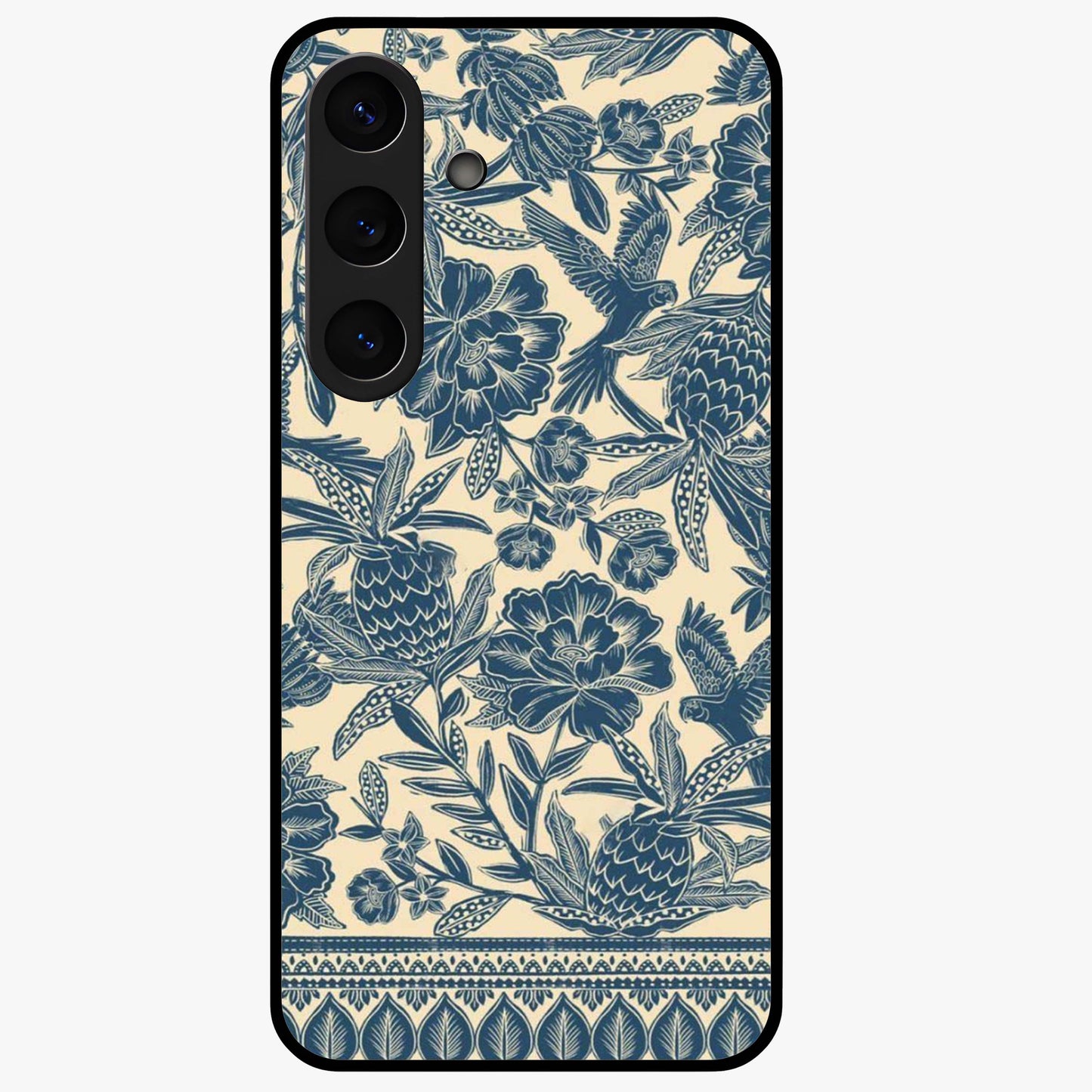 Heirloom Wild Bloom Glass Case showing flat back view with vintage inspired wild flower artwork and glossy glass finish.