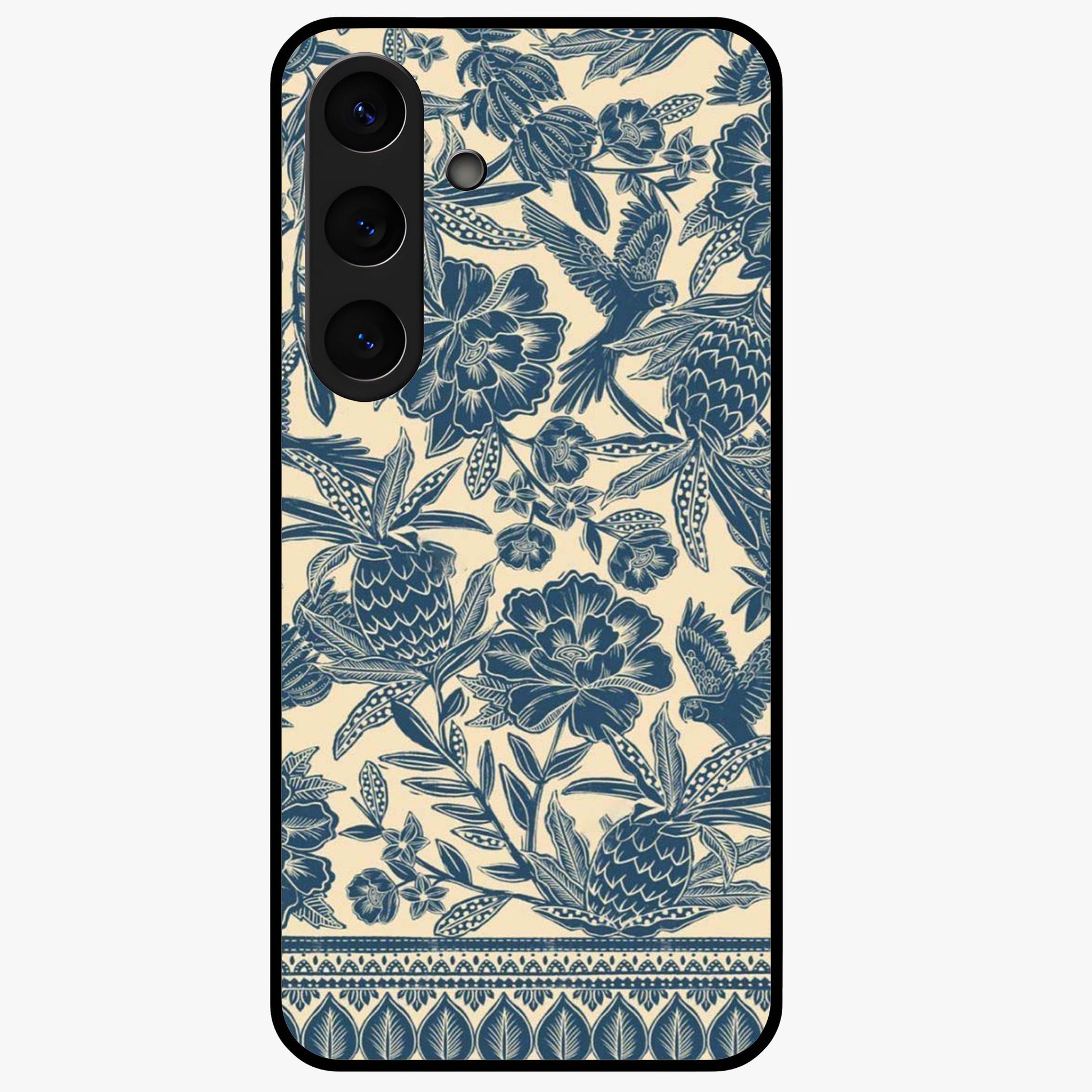 Heirloom Wild Bloom Glass Case showing flat back view with vintage inspired wild flower artwork and glossy glass finish.