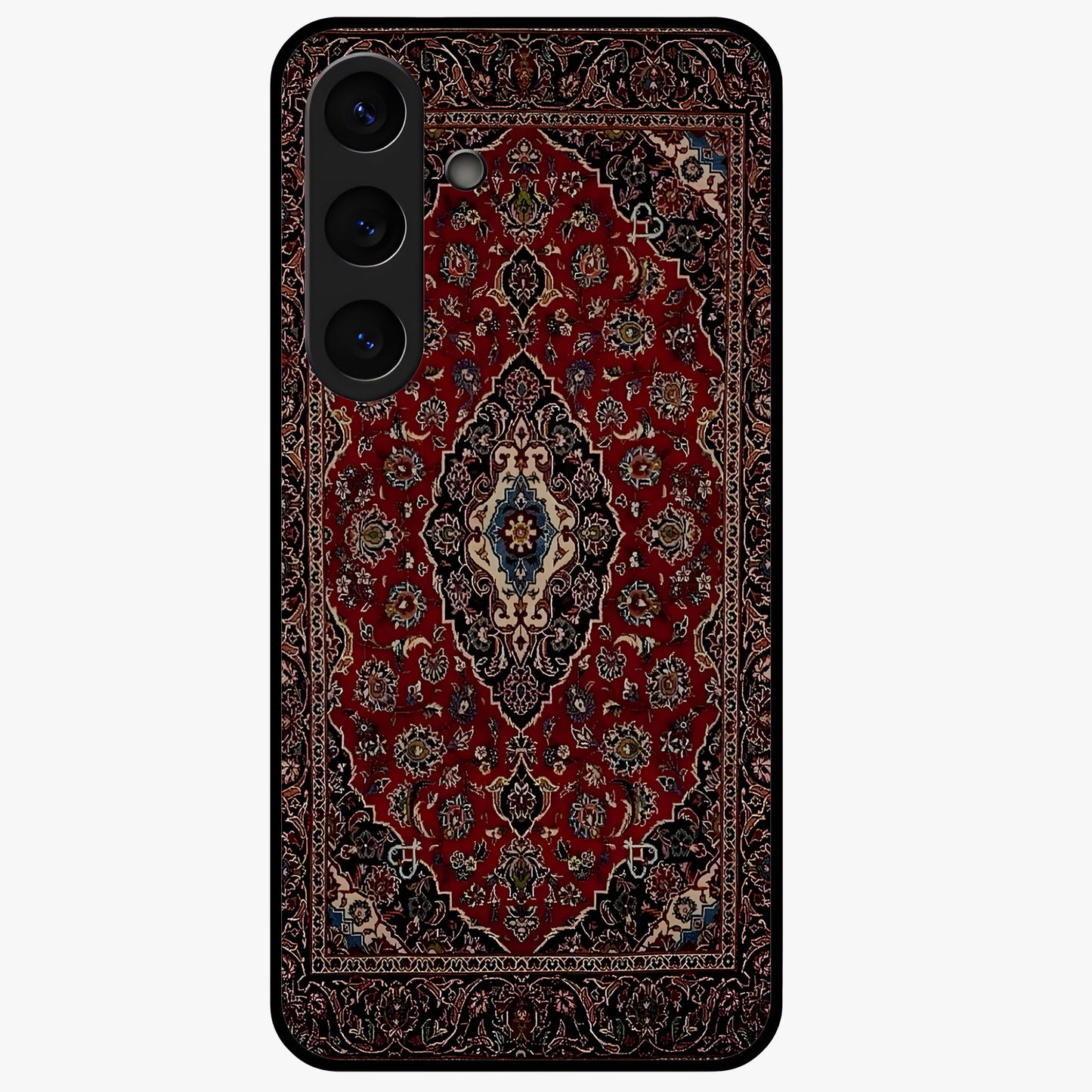 Heritage Carpet Royale Glass Case showing flat back view with ornate Persian carpet inspired pattern and glossy glass finish.