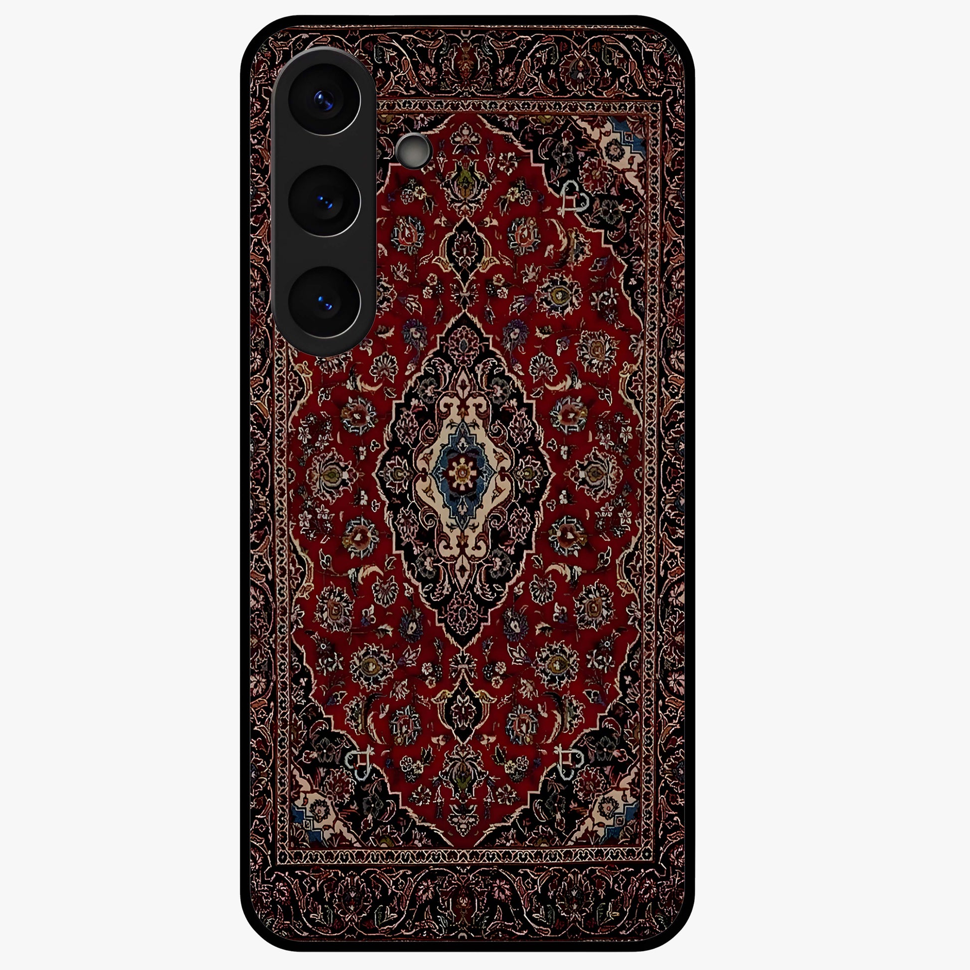 Heritage Carpet Royale Glass Case showing flat back view with ornate Persian carpet inspired pattern and glossy glass finish.