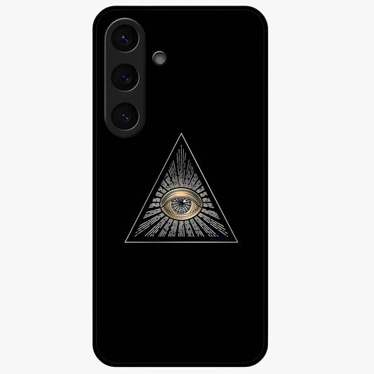 Illuminati Evil Glass Case showing flat back view with mysterious illuminati symbol artwork and glossy glass finish.