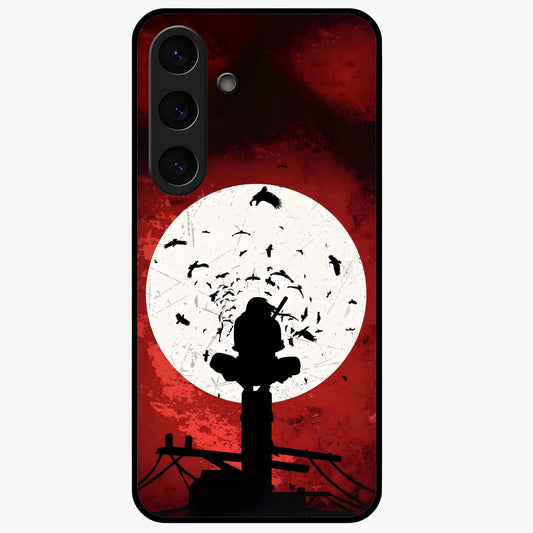 Itachi Sharingan Glass Case showing flat back view with powerful anime eye artwork and glossy glass finish.