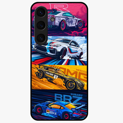 JDM Sports Car Glass Case showing flat back view with high performance sports car artwork and glossy glass finish.