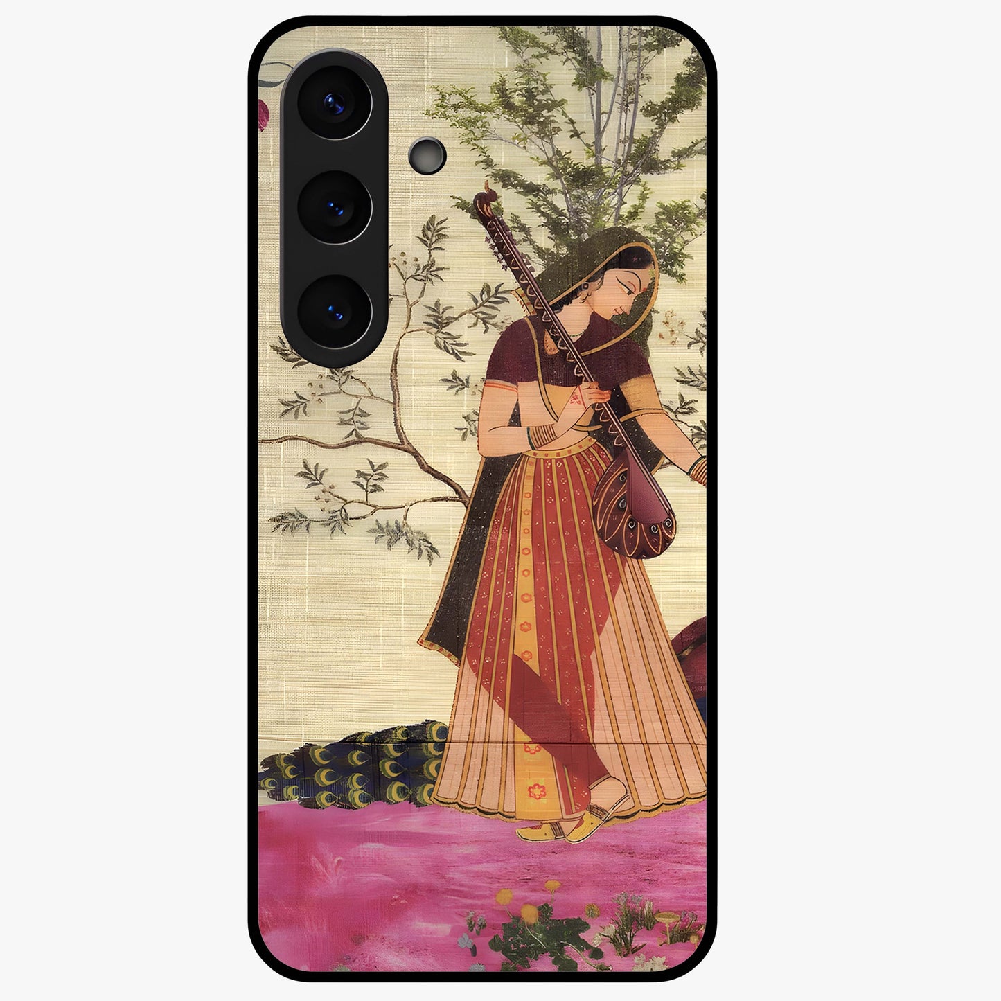 Lady With Veena Art Glass Case showing flat back view with elegant woman playing veena artwork and glossy glass finish.