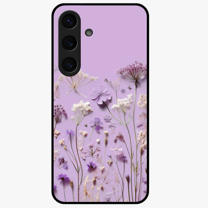 Lavender Blossom Dream Glass Case showing flat back view with soft lavender floral artwork and glossy glass finish.