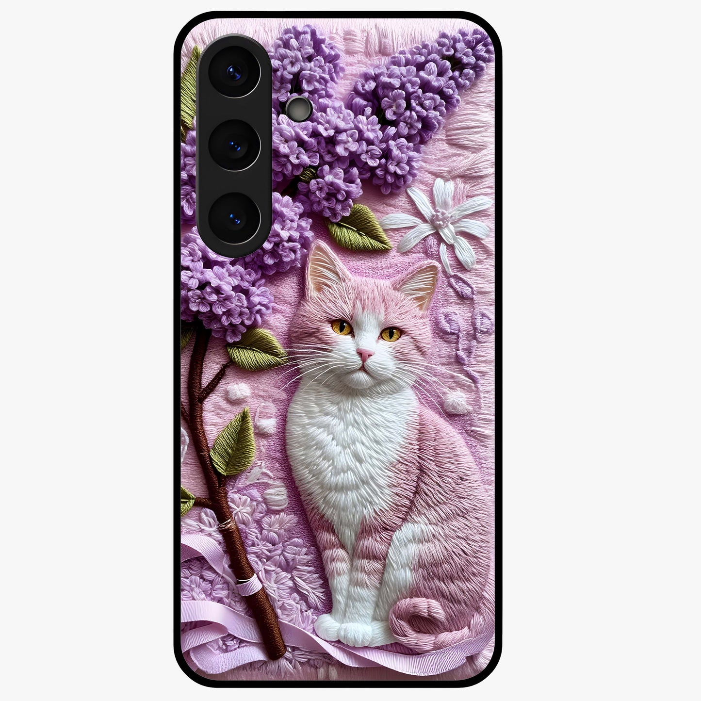 Lavender Cat Whimsy Glass Case showing flat back view with cute lavender cat artwork and glossy glass finish.