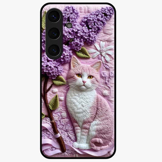 Lavender Cat Whimsy Glass Case showing flat back view with cute lavender cat artwork and glossy glass finish.