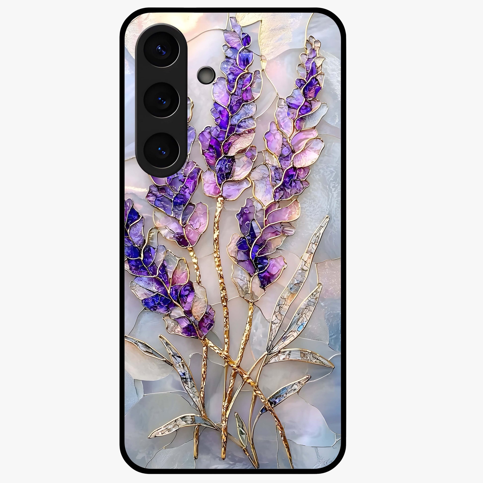 Lavender Dream Glow Glass Case showing flat back view with glowing lavender aesthetic artwork and glossy glass finish.