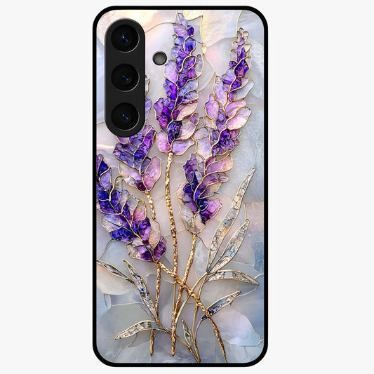 Lavender Dream Glow Glass Case showing flat back view with glowing lavender aesthetic artwork and glossy glass finish.