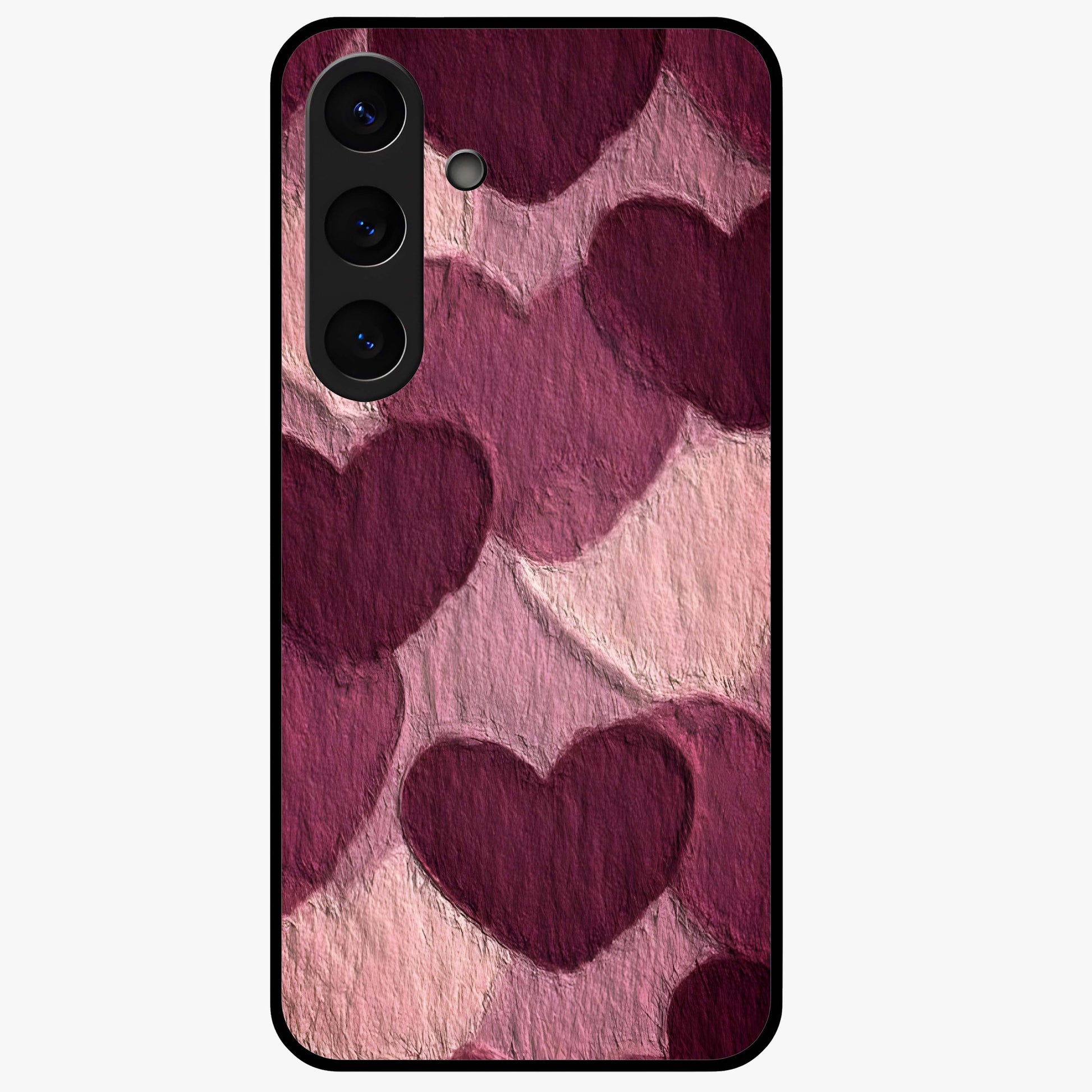 Layered Paper Hearts Glass Case showing flat back view with layered paper heart artwork and glossy glass finish.