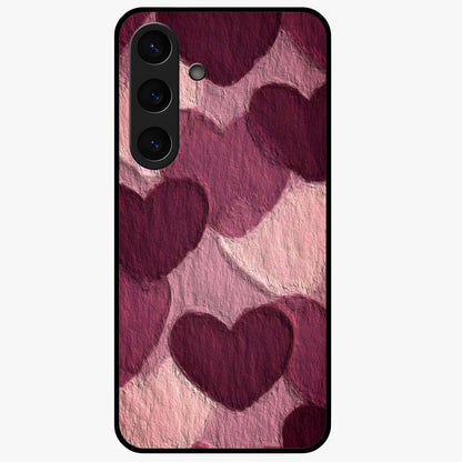 Layered Paper Hearts Glass Case showing flat back view with layered paper heart artwork and glossy glass finish.