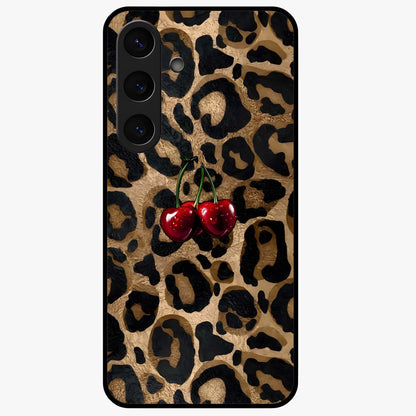 Leopard Wild Cherry Glass Case showing flat back view with leopard pattern and cherry artwork and glossy glass finish.