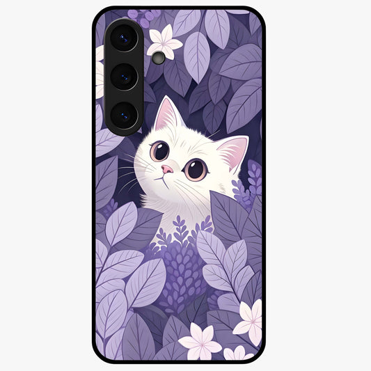 Lilac Hide Peek Cat Glass Case showing flat back view with cute peeking cat artwork and glossy glass finish.