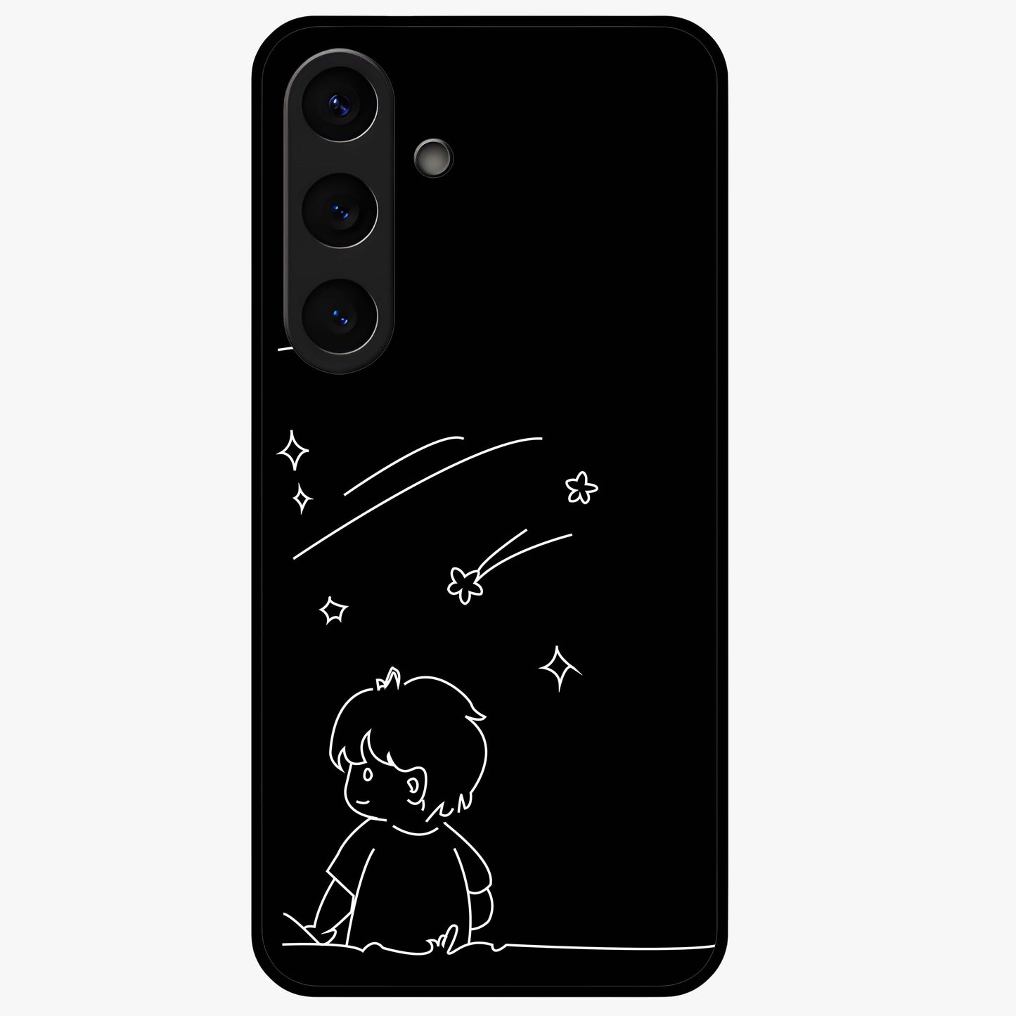 Line Art Boy With Shooting Stars Glass Case showing flat back view with minimal line art boy and shooting stars illustration and glossy glass finish.