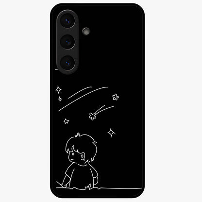 Line Art Boy With Shooting Stars Glass Case showing flat back view with minimal line art boy and shooting stars illustration and glossy glass finish.
