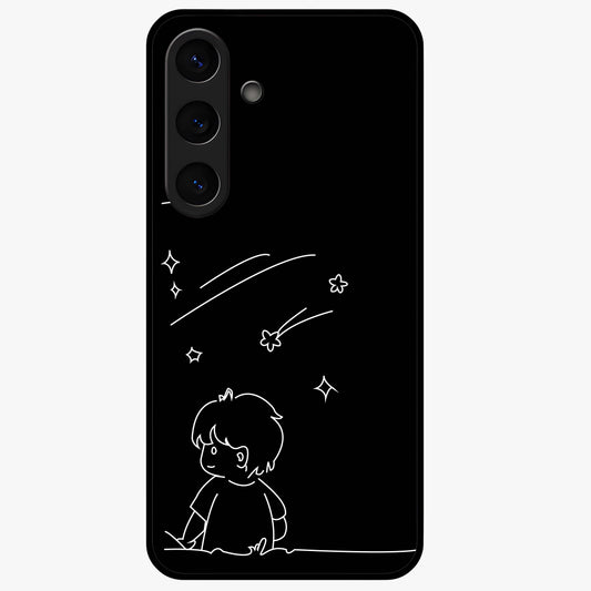 Line Art Boy With Shooting Stars Glass Case showing flat back view with minimal line art boy and shooting stars illustration and glossy glass finish.