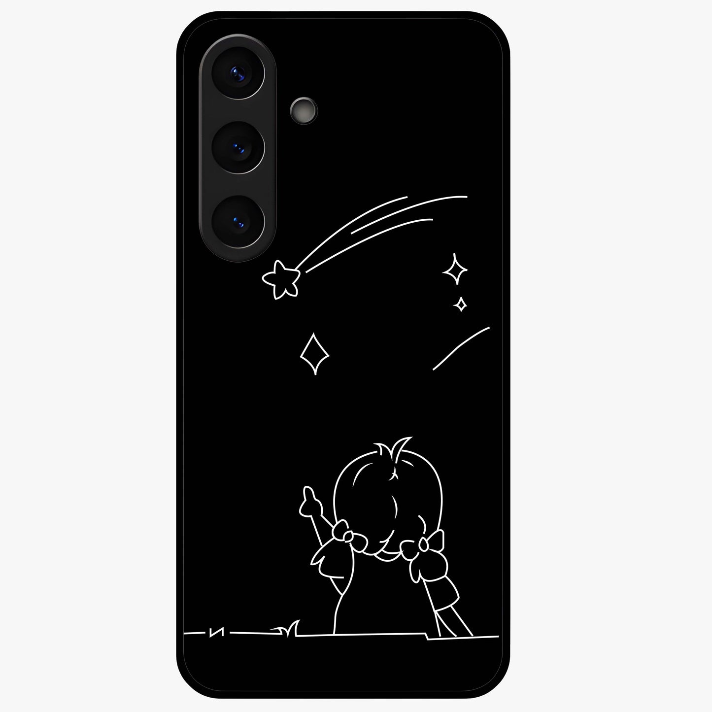 Line Art Girl With Shooting Stars Glass Case showing flat back view with minimal line art girl and shooting stars illustration and glossy glass finish.