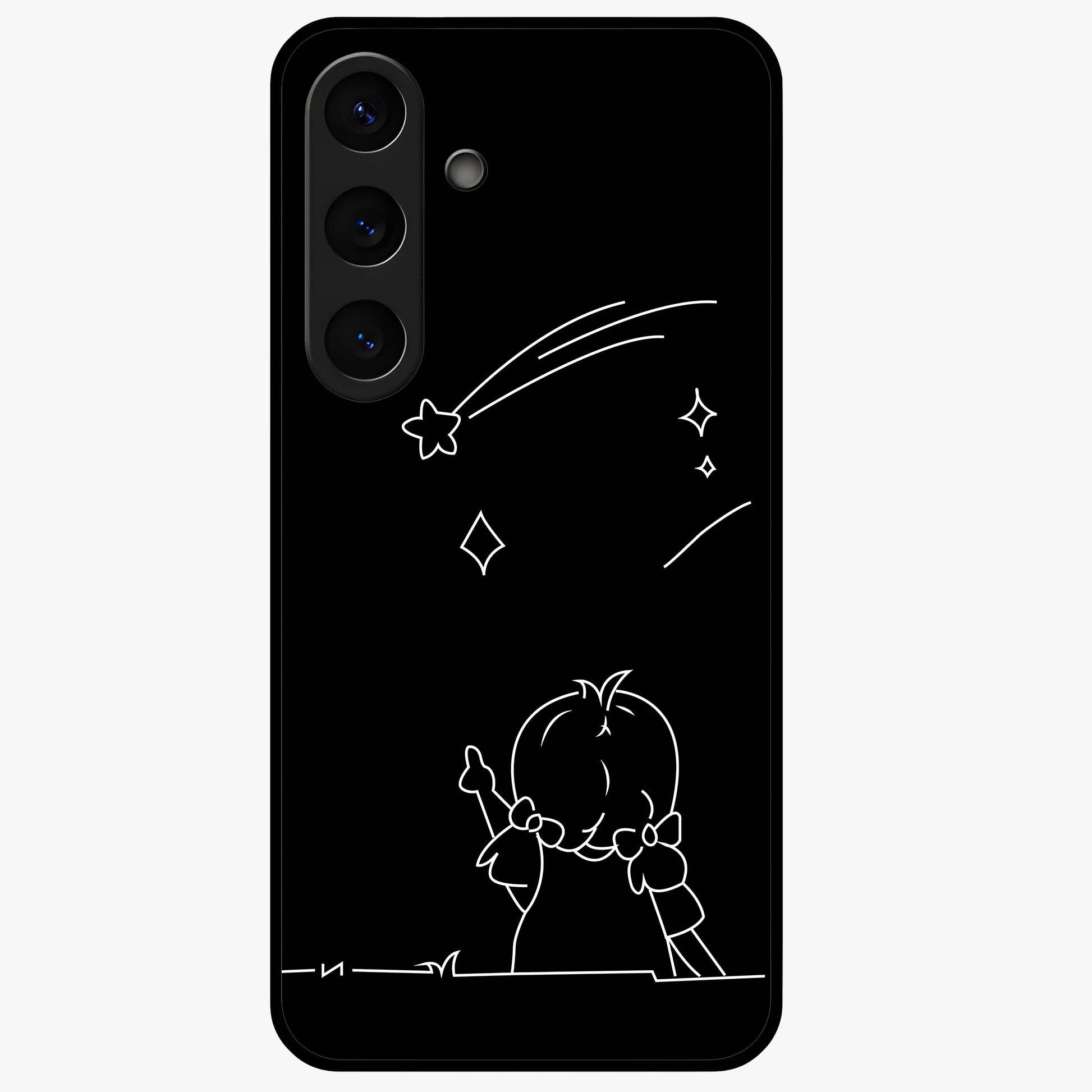 Line Art Girl With Shooting Stars Glass Case showing flat back view with minimal line art girl and shooting stars illustration and glossy glass finish.