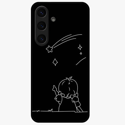 Line Art Girl With Shooting Stars Glass Case showing flat back view with minimal line art girl and shooting stars illustration and glossy glass finish.