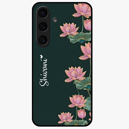Lotus Bloom Serenity Custom Name Glass Case showing flat back view with elegant lotus flower artwork and personalized name design.