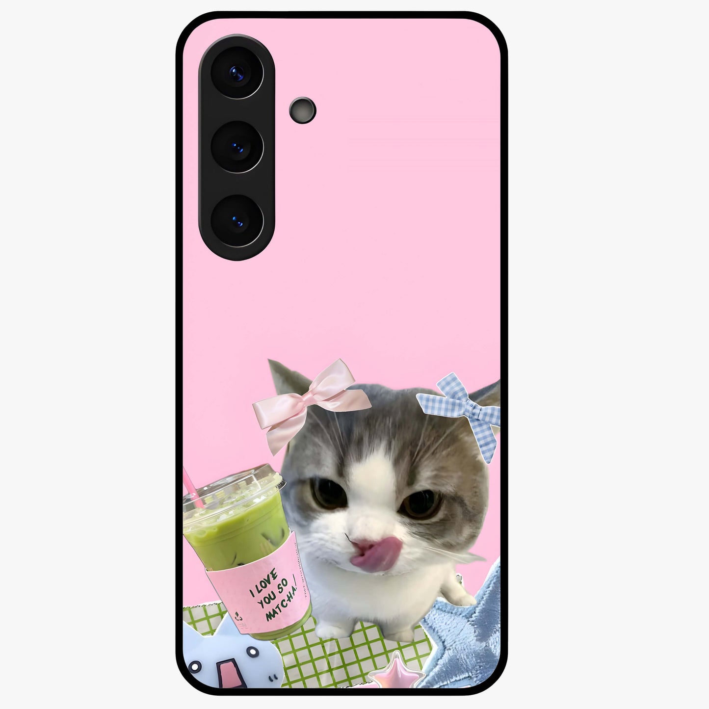 Love Matcha Cat Glass Case showing flat back view with cute cat and matcha themed artwork and glossy glass finish.