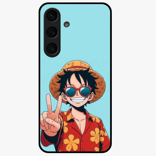 Luffy Summer Anime Vibe Glass Case showing flat back view with vibrant anime character artwork and glossy glass finish.