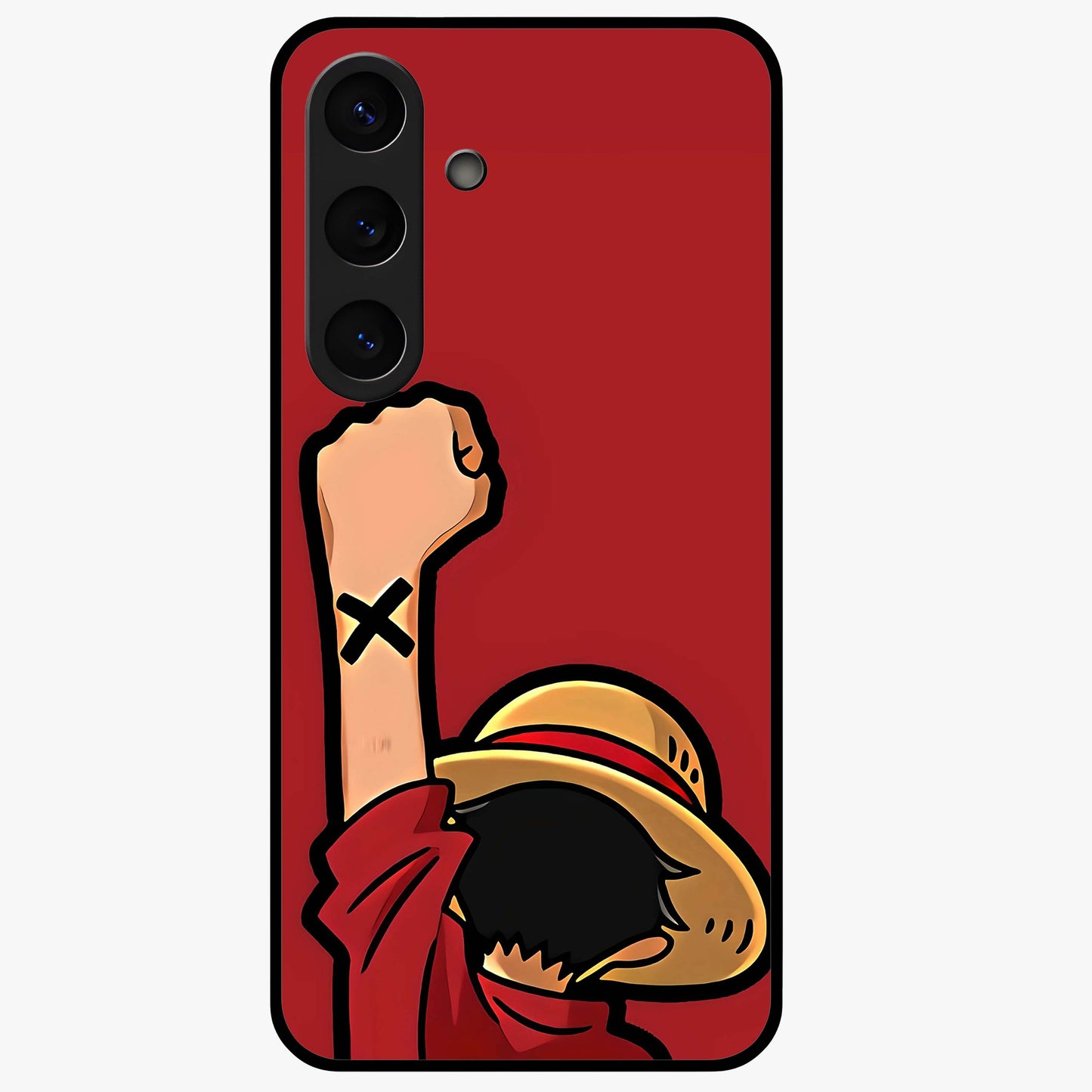 Luffy X Spirit Glass Case showing flat back view with bold anime character artwork and glossy glass finish.