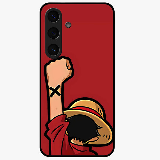 Luffy X Spirit Glass Case showing flat back view with bold anime character artwork and glossy glass finish.