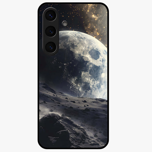 Lunar Horizon Glow Glass Case showing flat back view with glowing moon horizon artwork and glossy glass finish.