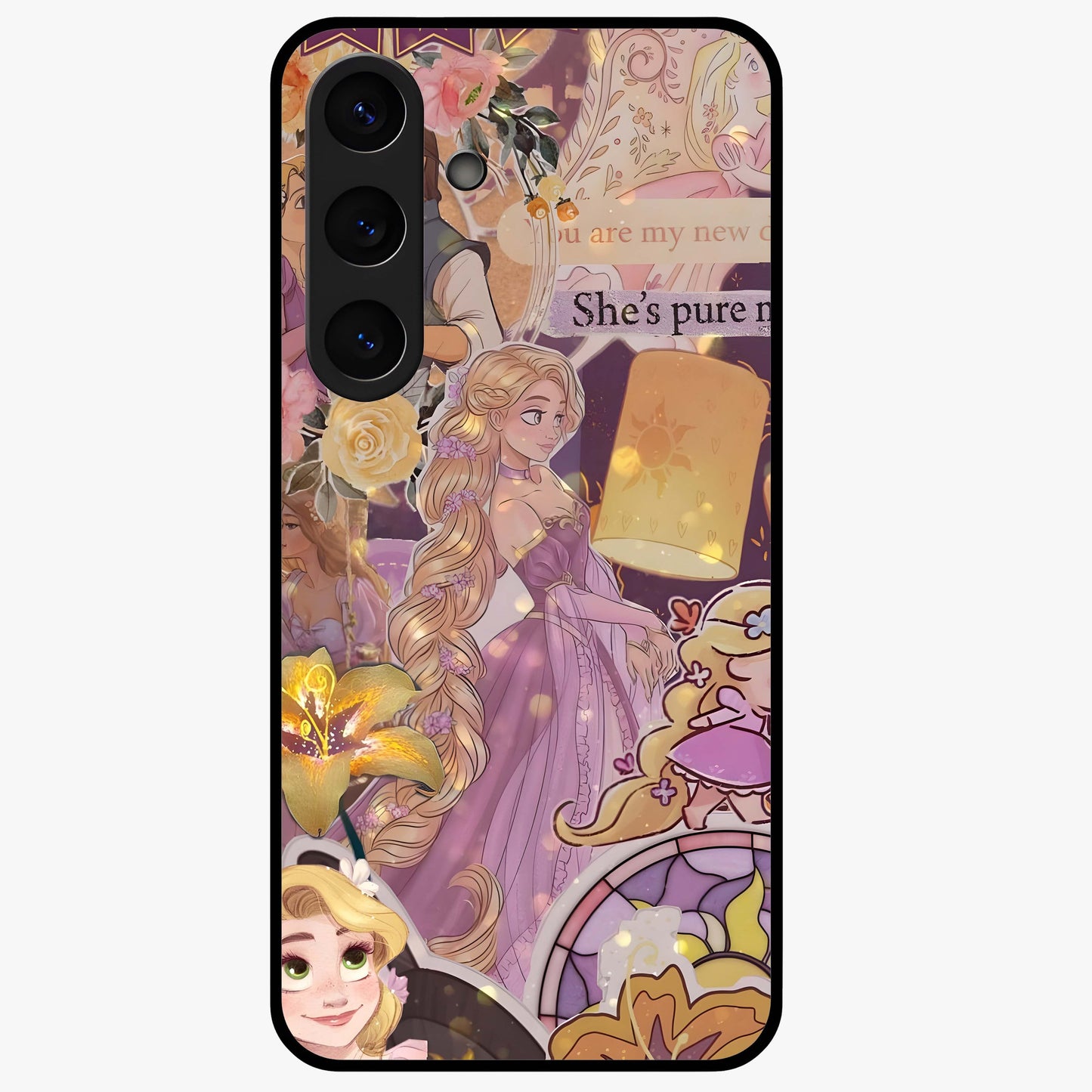 Magical Tangled Dream Glass Case showing flat back view with dreamy tangled artwork and glossy glass finish.
