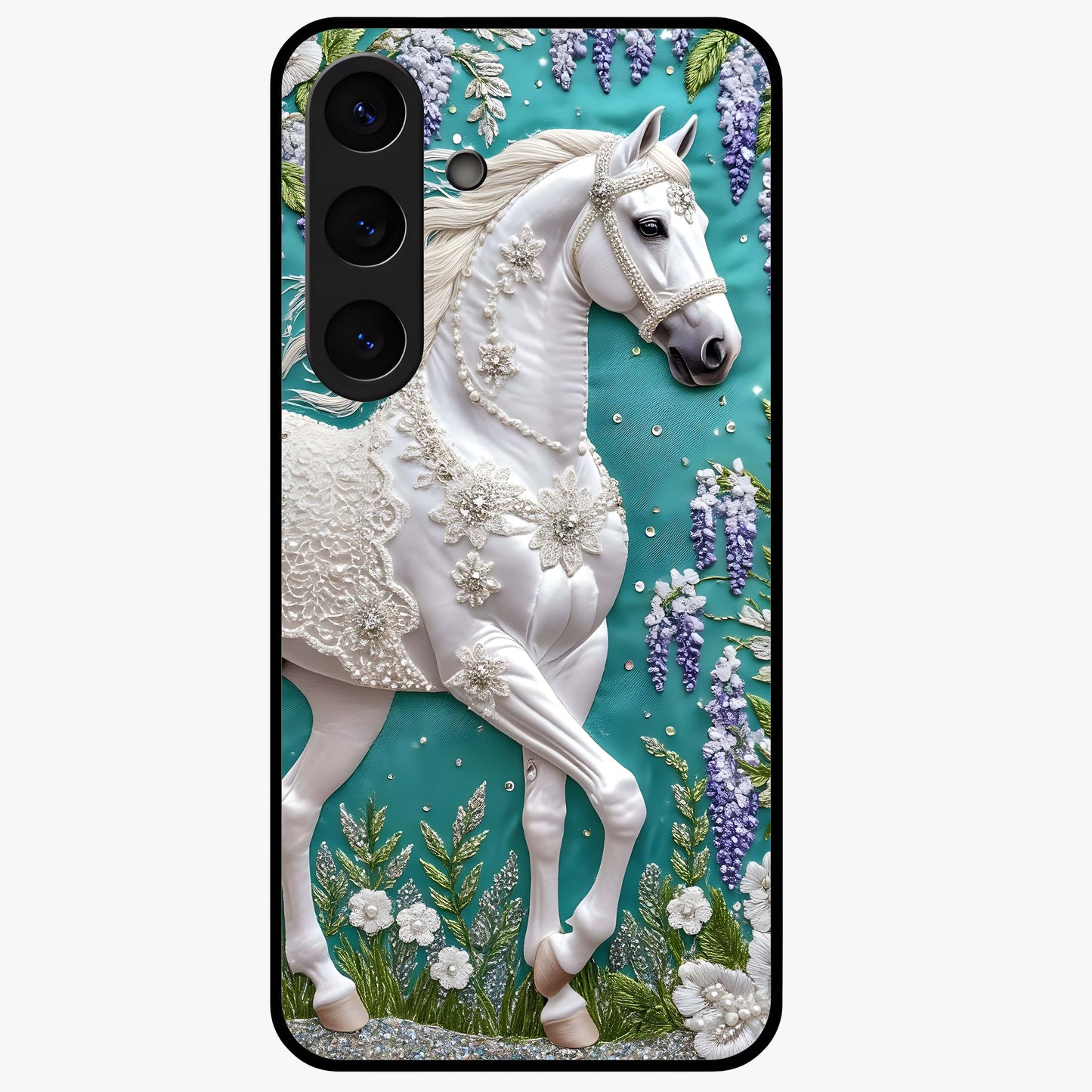 Majestic Floral Stallion Glass Case showing flat back view with powerful horse and floral artwork and glossy glass finish.