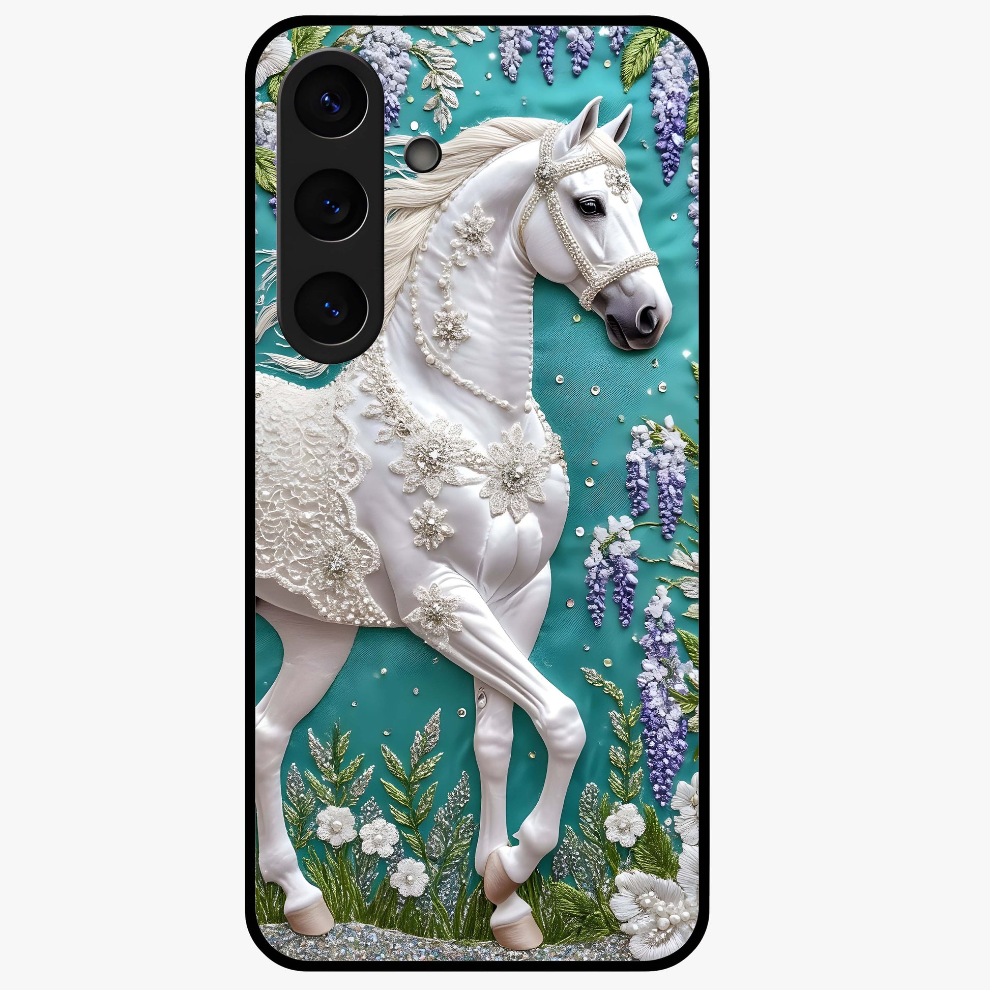 Majestic Floral Stallion Glass Case showing flat back view with powerful horse and floral artwork and glossy glass finish.
