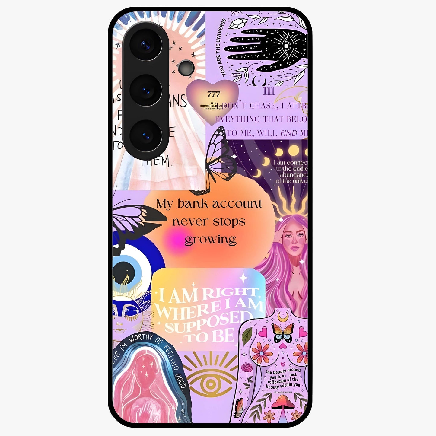 Manifestation Collage Glass Case showing flat back view with motivational collage artwork and glossy glass finish.