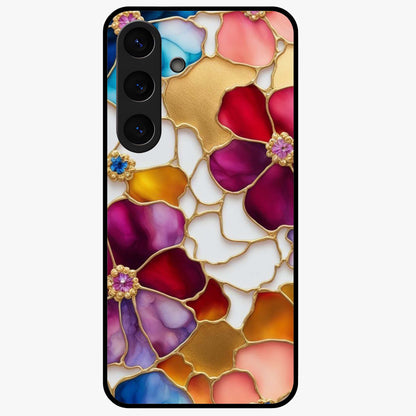 Marble Flower Pattern Glass Case showing flat back view with marble texture floral artwork and glossy glass finish.