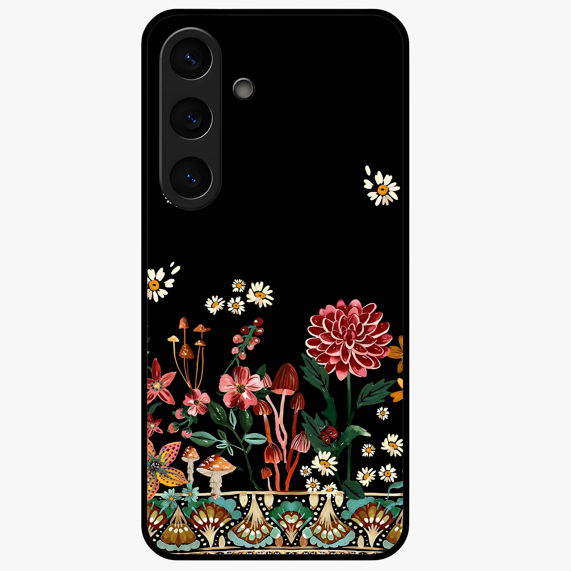 Midnight Bloom Pattern Glass Case showing flat back view with dark floral pattern artwork and glossy glass finish.