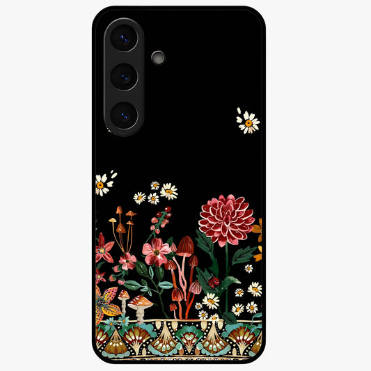 Midnight Bloom Pattern Glass Case showing flat back view with dark floral pattern artwork and glossy glass finish.