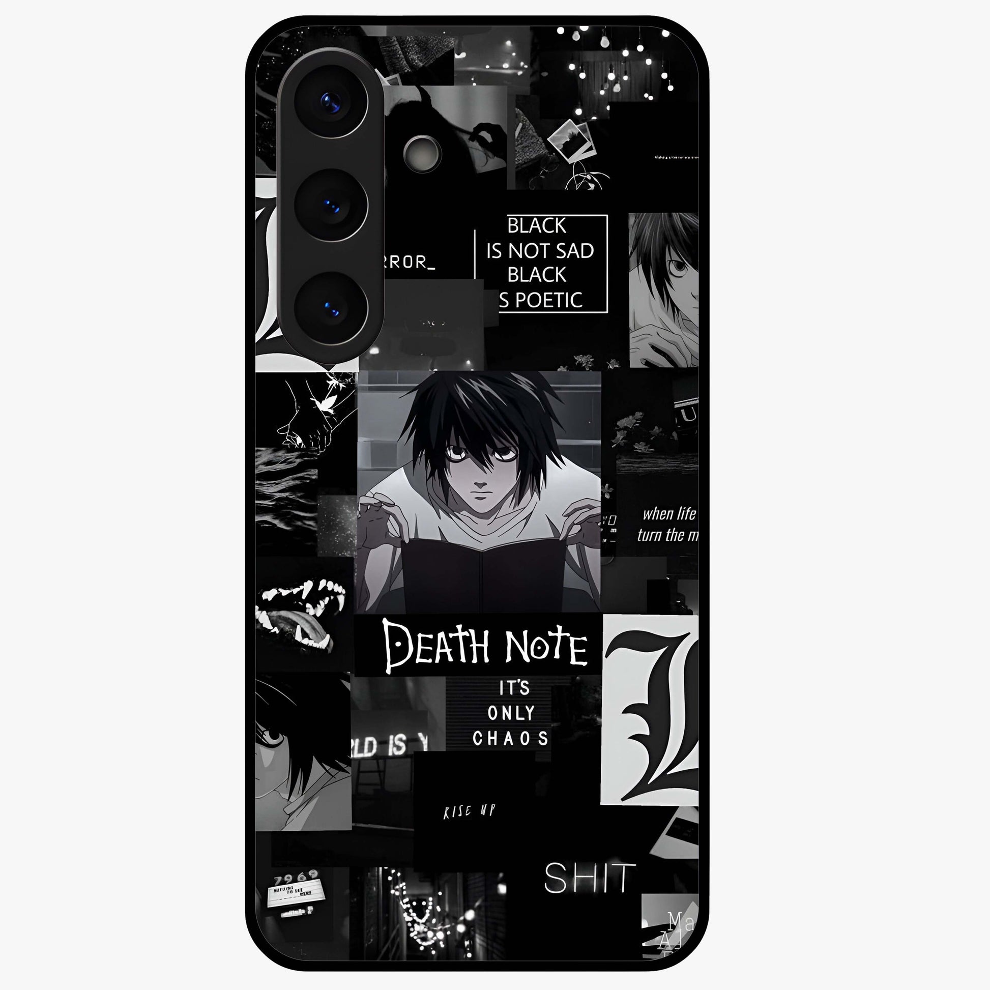 Midnight Chaos Mind Glass Case showing flat back view with abstract dark themed artwork and glossy glass finish.
