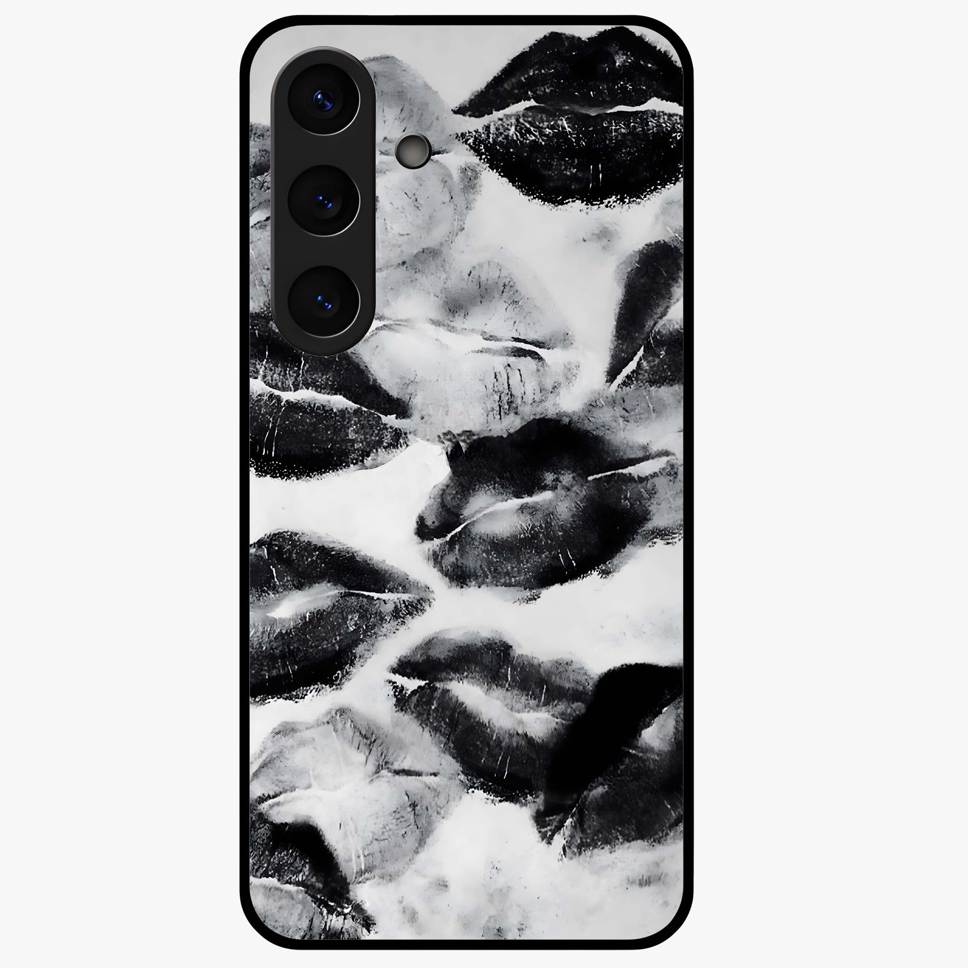 Midnight Kiss Marks Glass Case showing flat back view with lipstick kiss mark artwork and glossy glass finish.