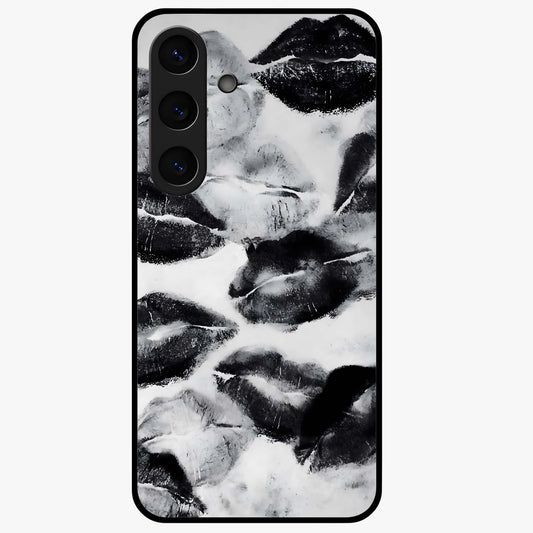 Midnight Kiss Marks Glass Case showing flat back view with lipstick kiss mark artwork and glossy glass finish.