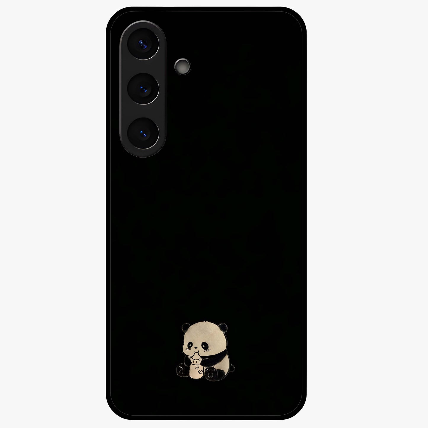 Midnight Panda Love Glass Case showing flat back view with cute panda themed artwork and glossy glass finish.