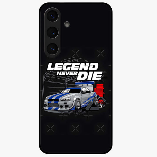 Midnight Racing Legacy Glass Case showing flat back view with sleek racing inspired artwork and glossy glass finish.