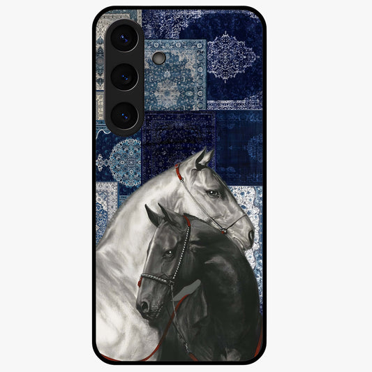 Midnight Stallion Blues Glass Case showing flat back view with majestic horse artwork and glossy glass finish.