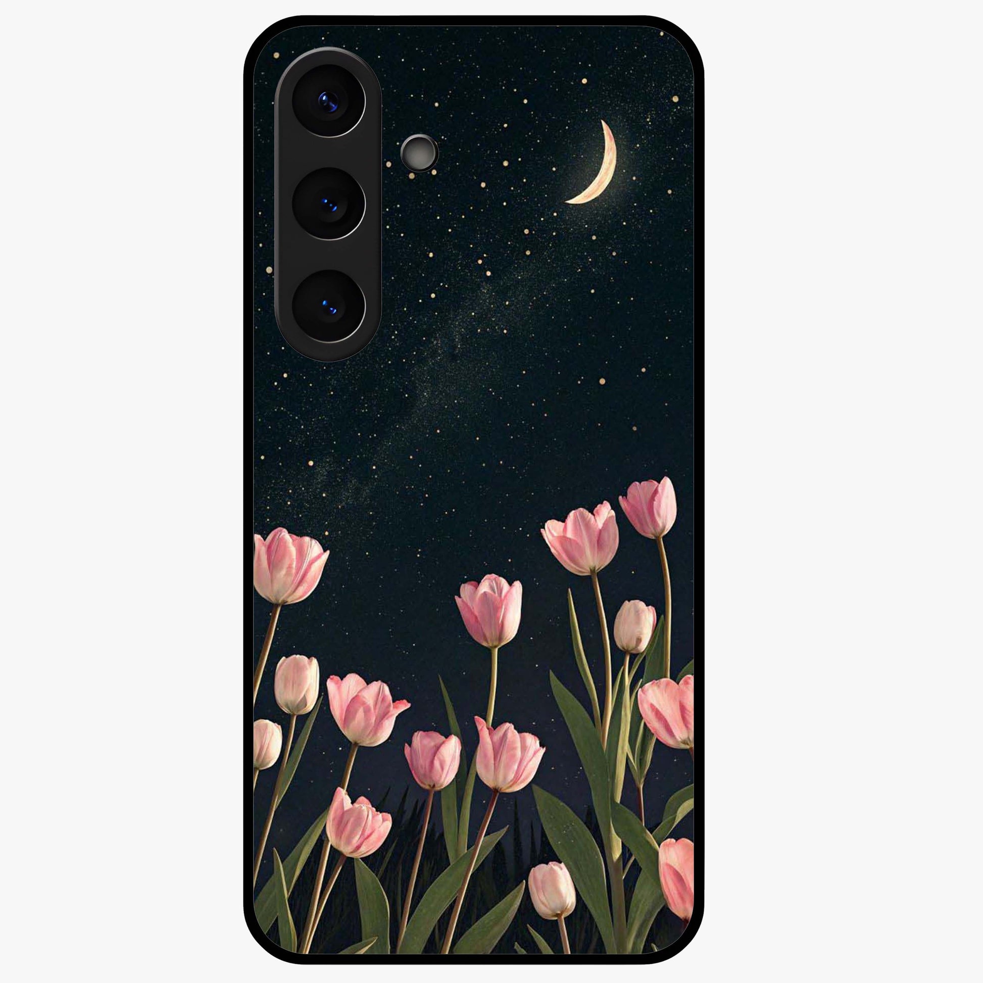 Midnight Tulip Whispers Vibe Glass Case showing flat back view with elegant tulip flower artwork and glossy glass finish.