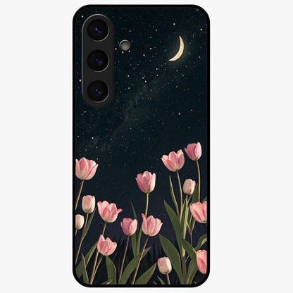 Midnight Tulip Whispers Vibe Glass Case showing flat back view with elegant tulip flower artwork and glossy glass finish.