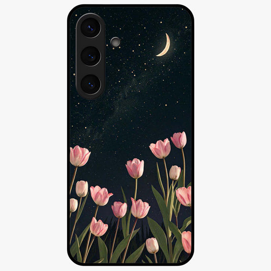 Midnight Tulip Whispers Vibe Glass Case showing flat back view with elegant tulip flower artwork and glossy glass finish.