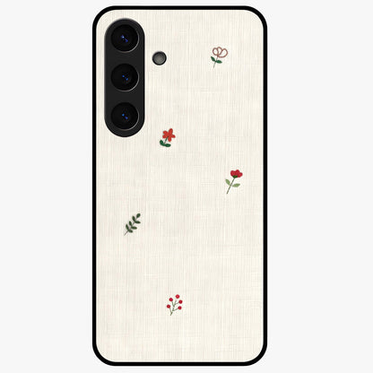 Minimal Petal Whispers Glass Case showing flat back view with soft minimal floral artwork and glossy glass finish.