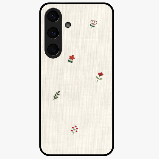 Minimal Petal Whispers Glass Case showing flat back view with soft minimal floral artwork and glossy glass finish.