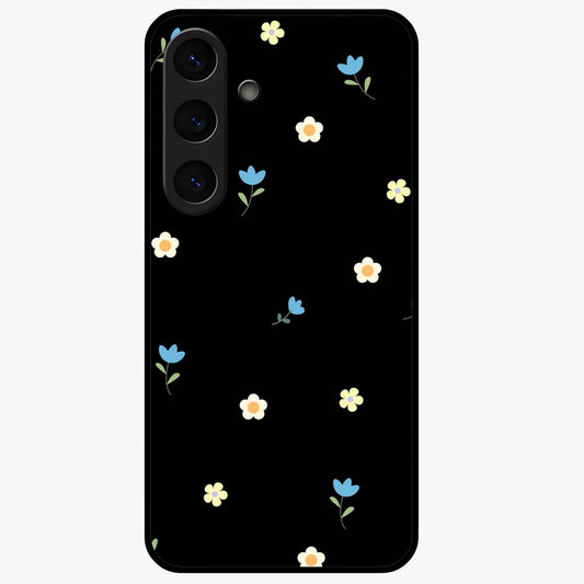 Minimalistic Blue With White Flower Pattern Glass Case showing flat back view with blue background and white flower pattern and glossy glass finish.