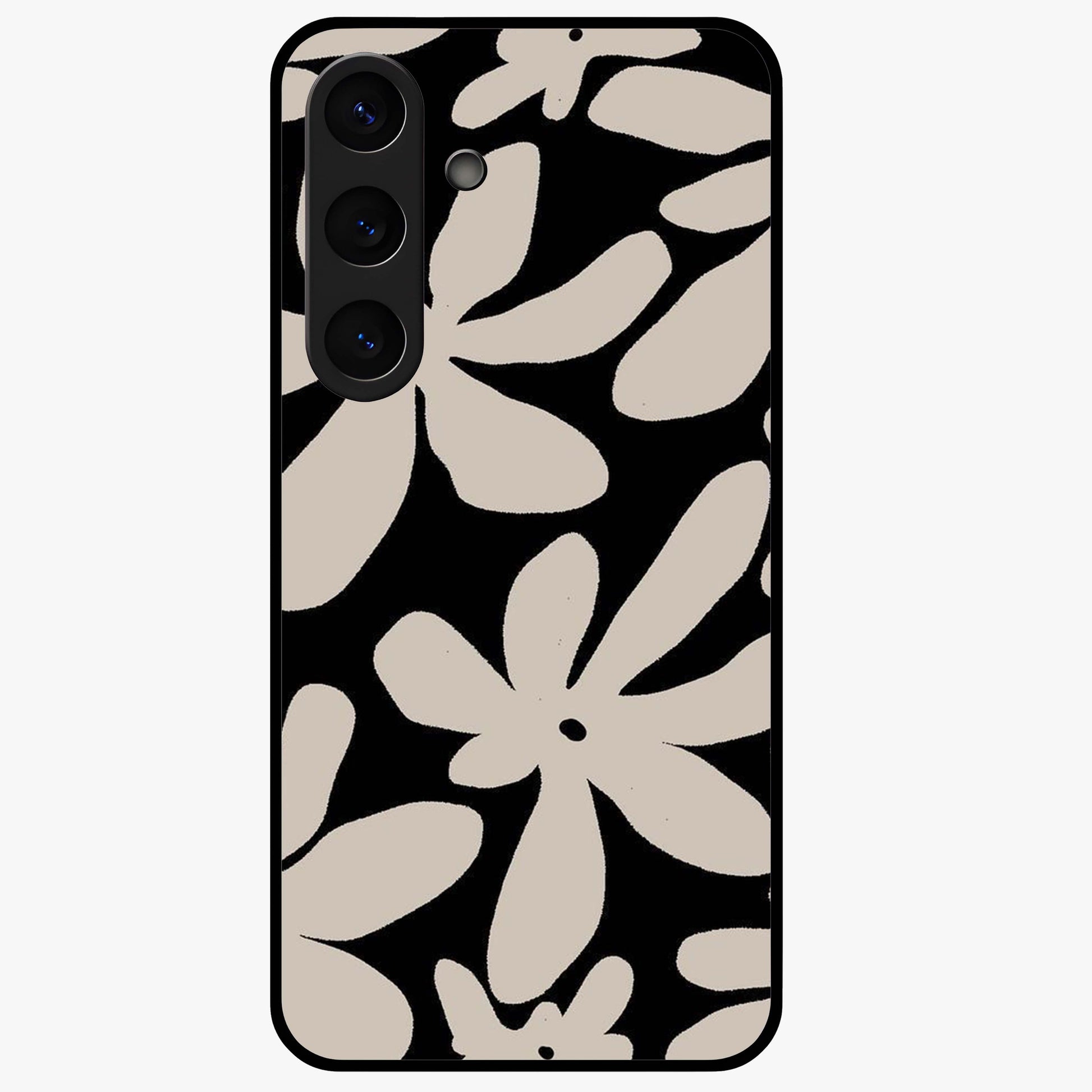 Monochrome Petal Dance Glass Case showing flat back view with monochrome floral artwork and glossy glass finish.