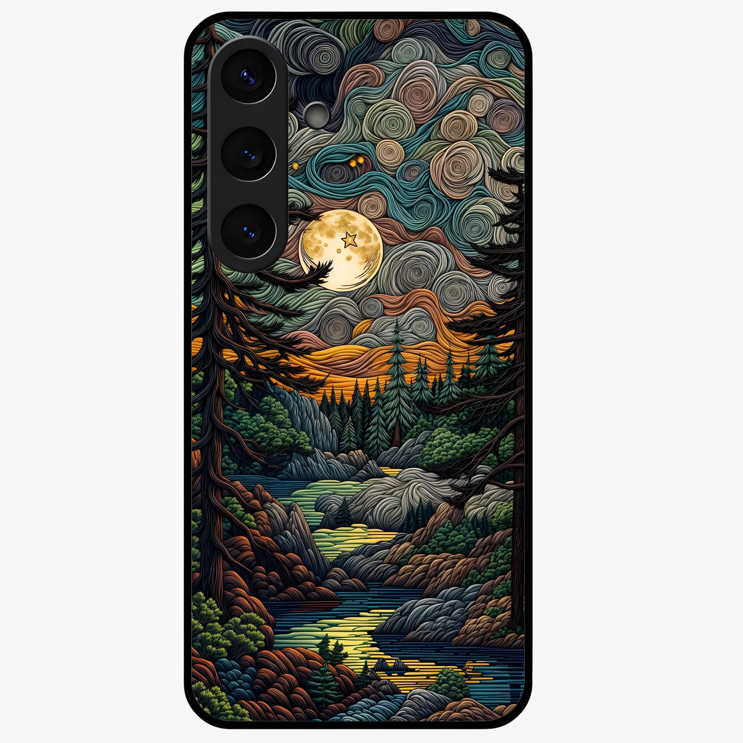 Moonlight Forest Dream Glass Case showing flat back view with mystical forest moonlight artwork and glossy glass finish.